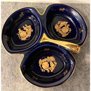Florance Limoges Cobalt Blue 3 Compartment Trinket Dish w/Handle  7 x7  #2358